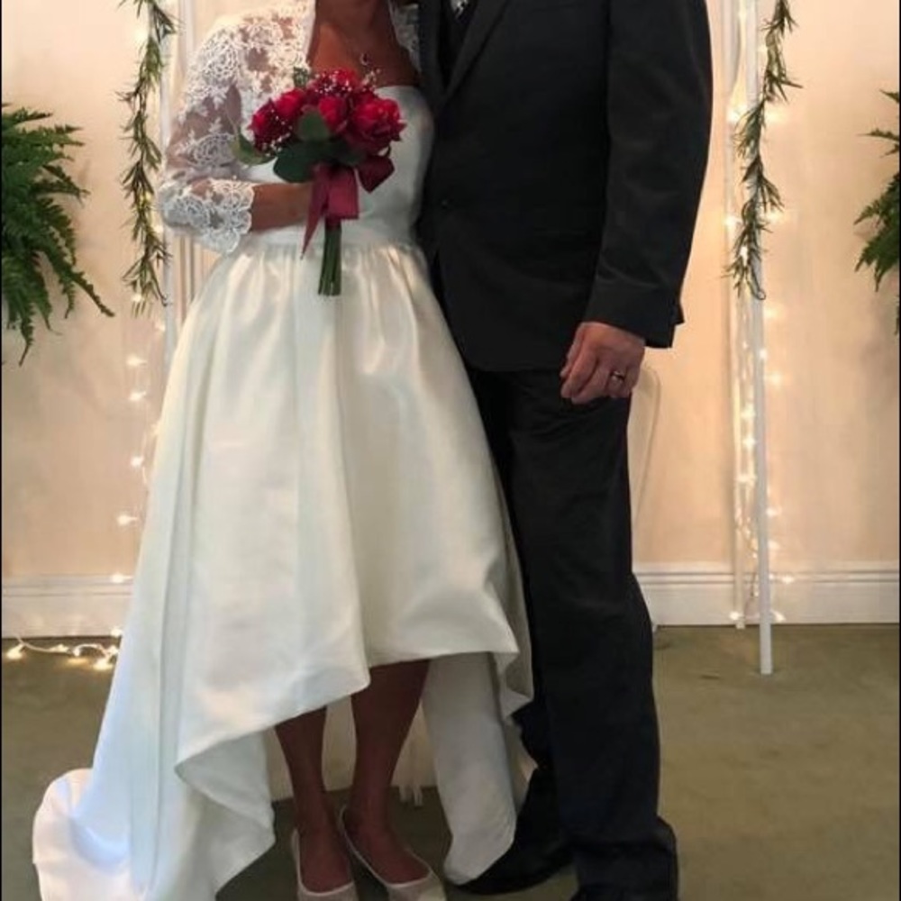 David’s Bridal high low wedding dress with jacket